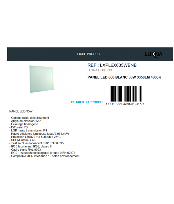 59.5 x 59.5 Dalle lumineuse LUXNA